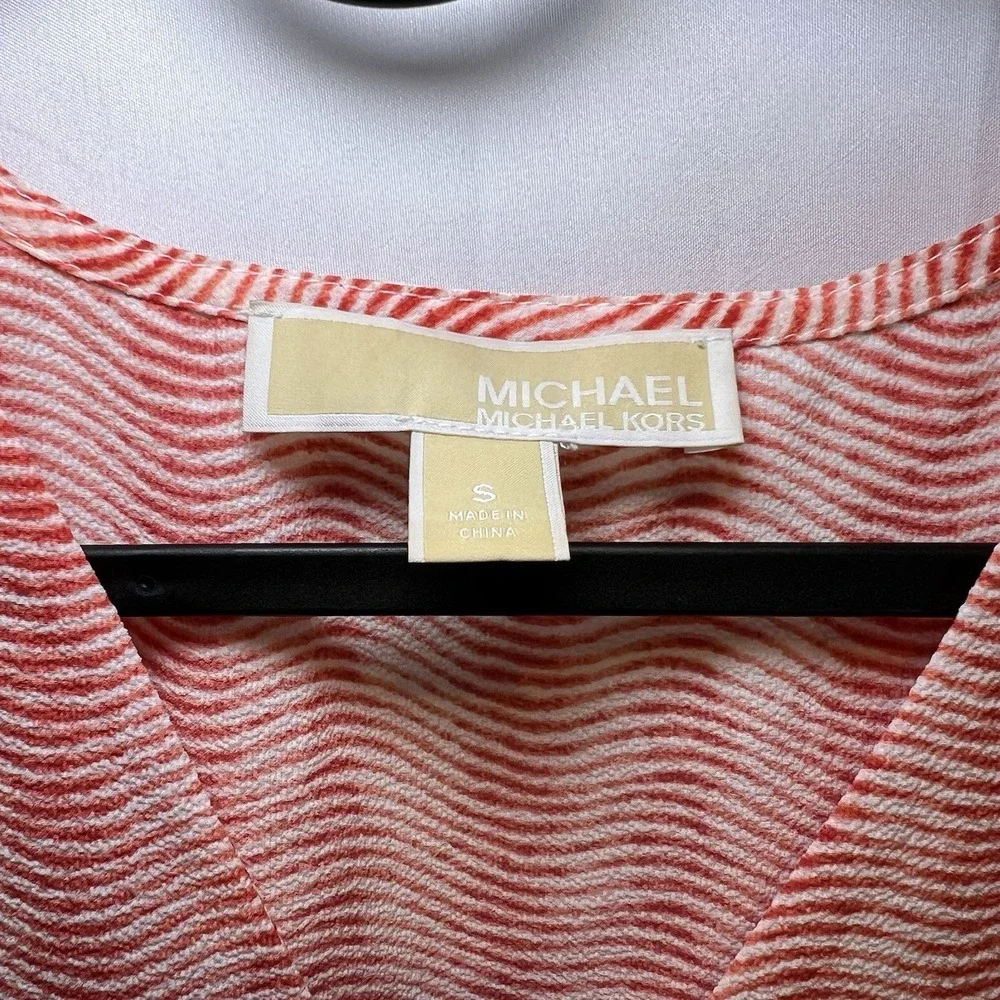MICHAEL Michael Kors Button Front Tie Blouse Orange Printed,‎ Size Small